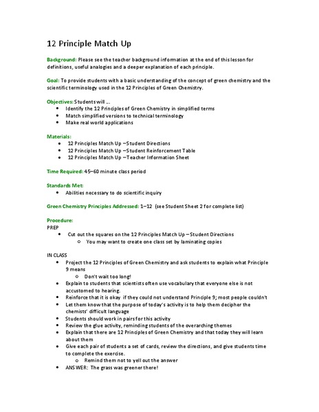 12 Principle Match Up Lesson Plan