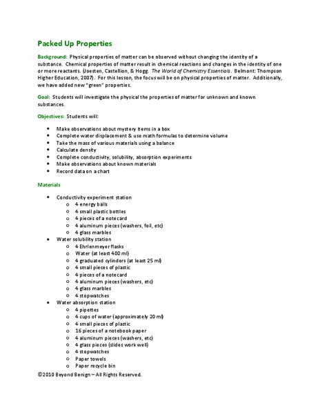 Packed Up Properties Lesson Plan
