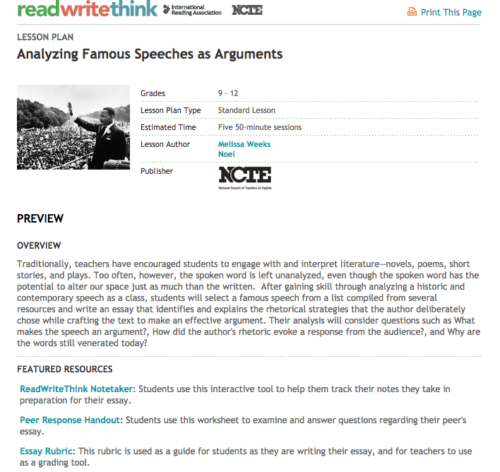 Analyzing Famous Speeches as Arguments Unit Plan