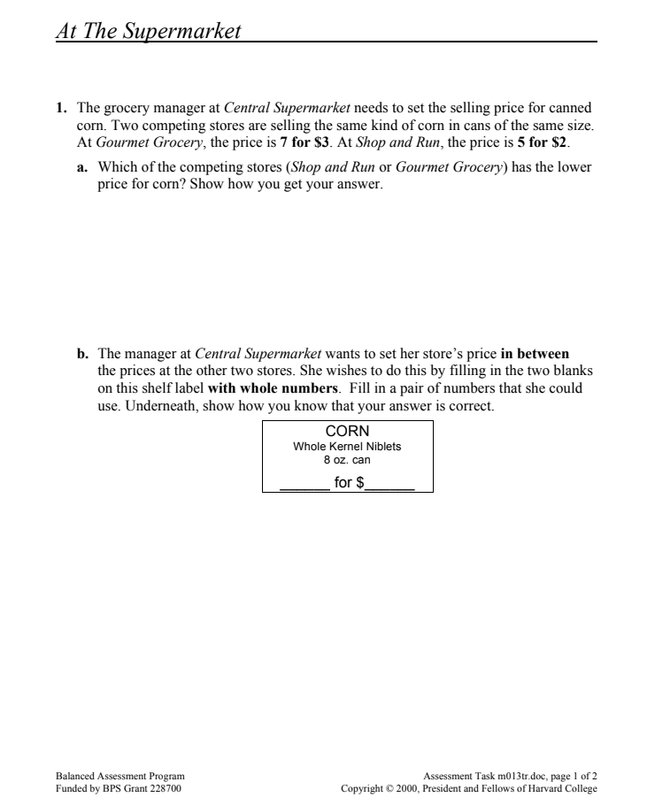 At the Supermarket Assessment