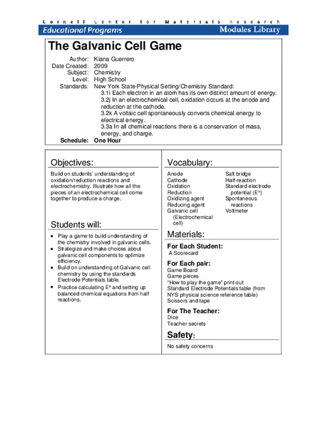 The Galvanic Cell Game Lesson Plan