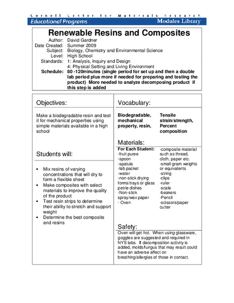 Renewable Resins and Composites Lesson Plan