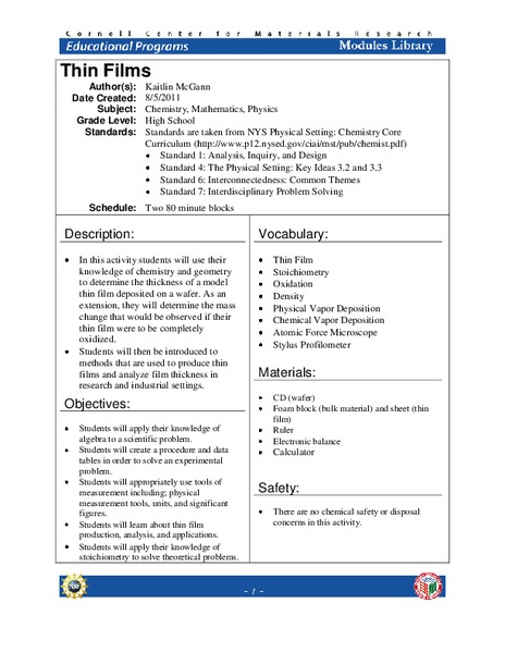 Thin Films Lesson Plan