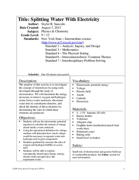 Splitting Water with Electricity Lesson Plan