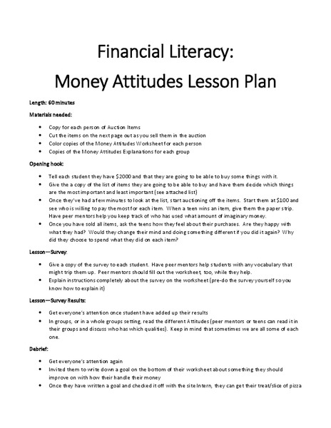 Financial Literacy: Money Attitudes Lesson Plan Lesson Plan