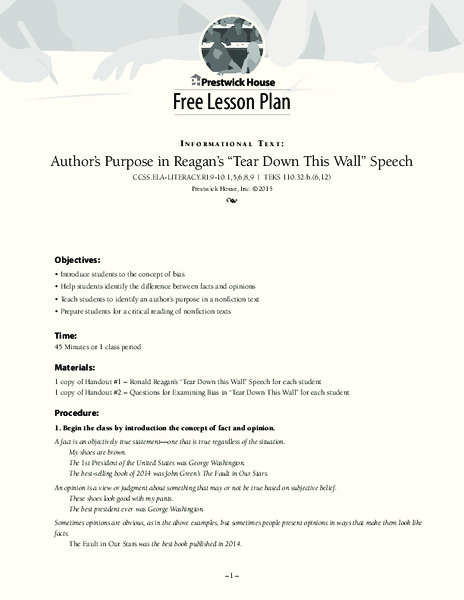 Author’s Purpose in Reagan’s “Tear Down This Wall” Speech Lesson Plan