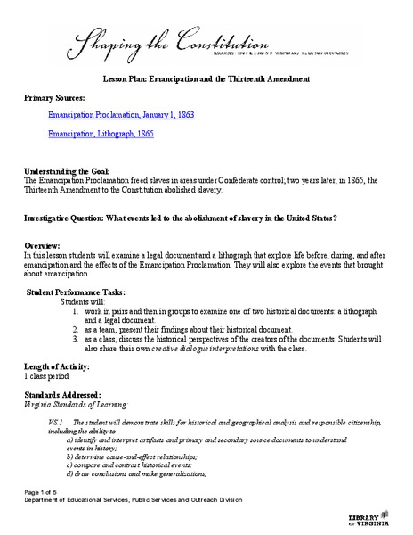 Emancipation and the Thirteenth Amendment Lesson Plan