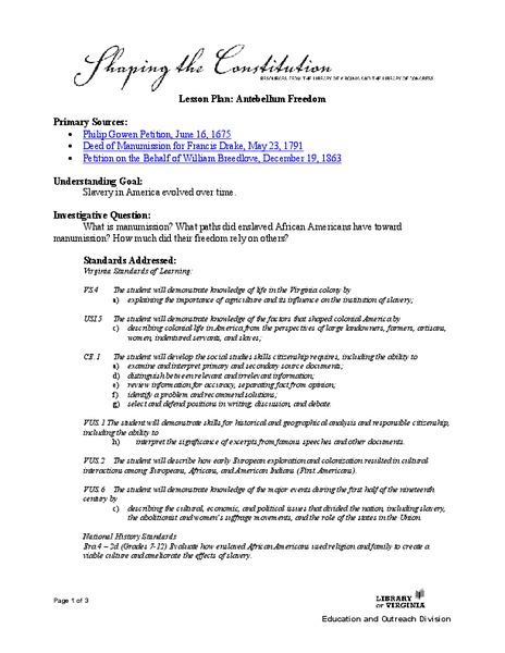 Antebellum Freedom Lesson Plan