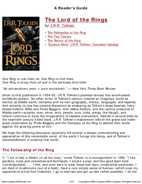 A Reader's Guide: The Lord of the Rings Worksheet