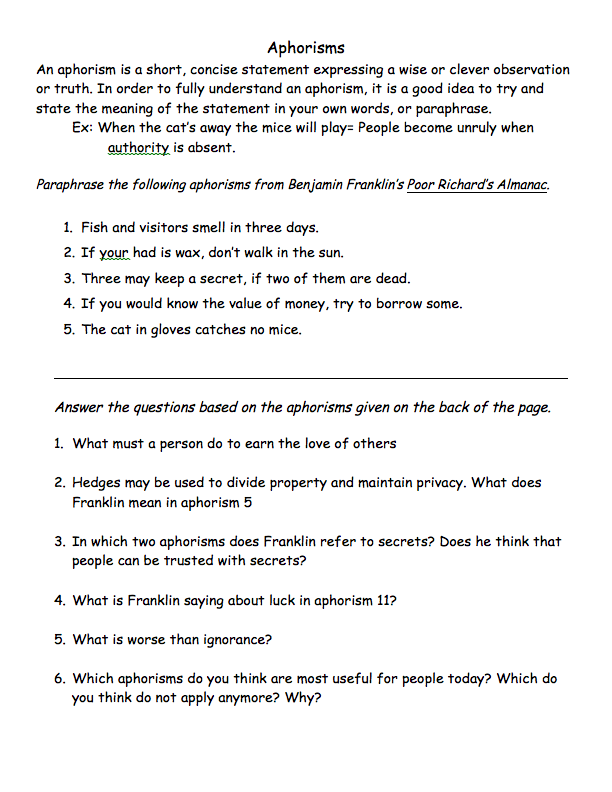 Aphorisms Worksheet