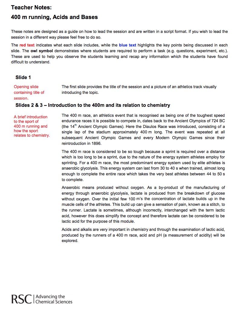 The 400m Event—Chemistry and Sport Lesson Plan