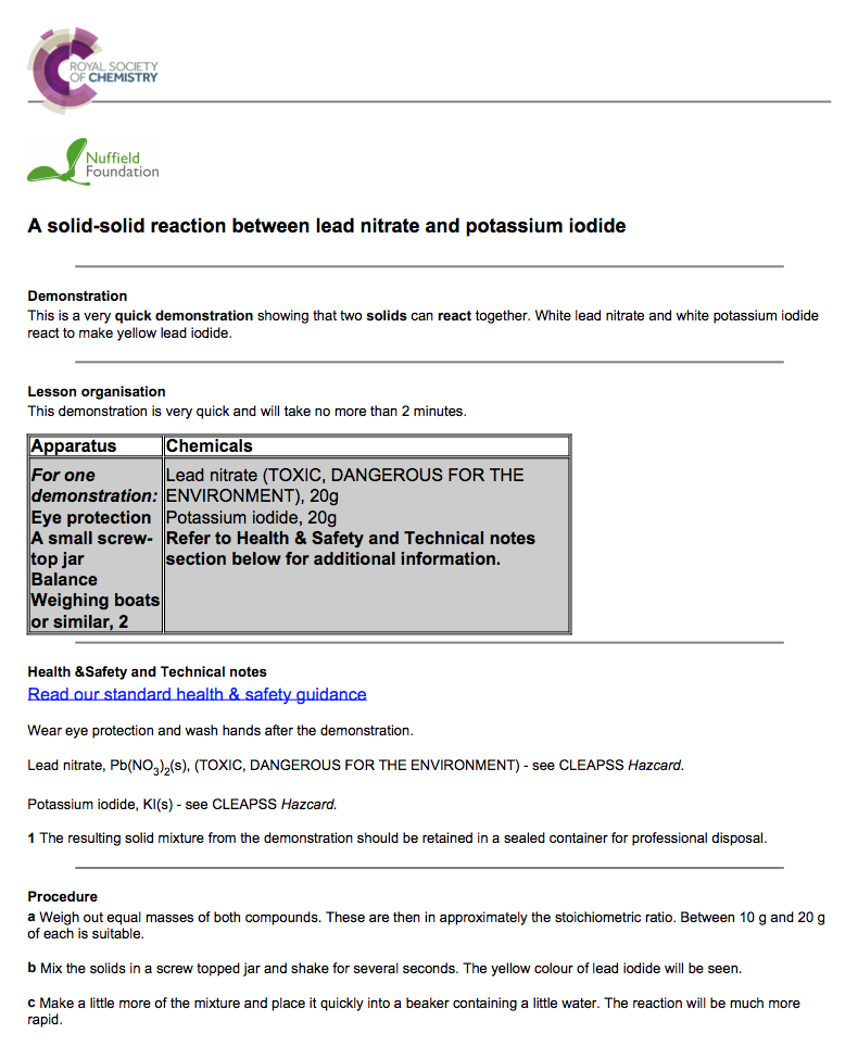 A Solid-Solid Reaction between Lead Nitrate and Potassium Iodide Lab Resource