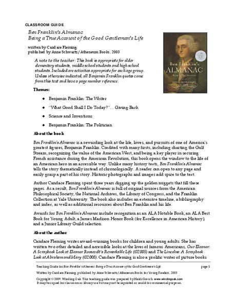 Ben Franklin’s Almanac: Being a True Account of the Good Gentleman’s Life Lesson Plan
