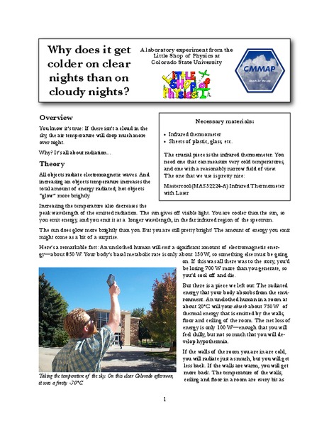 Why Does it Get Colder on a Clear Night than a Cloudy Night? Lab Resource
