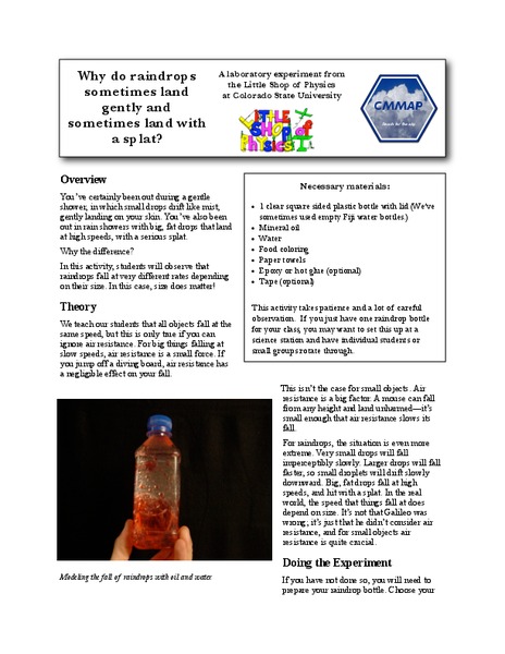 Why Do Raindrops Sometimes Land Gently and Sometimes with a Splat? Lab Resource