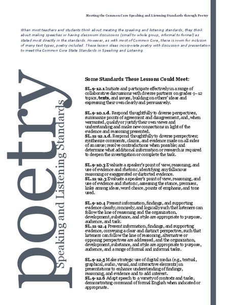 Poetry Speaking and Listening Standards Lesson Plan