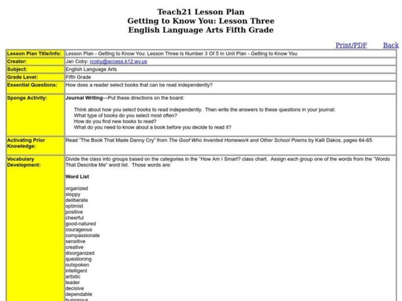 Getting to Know You Lesson Plan