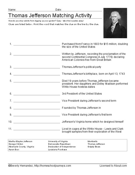 Thomas Jefferson Matching Activity Worksheet