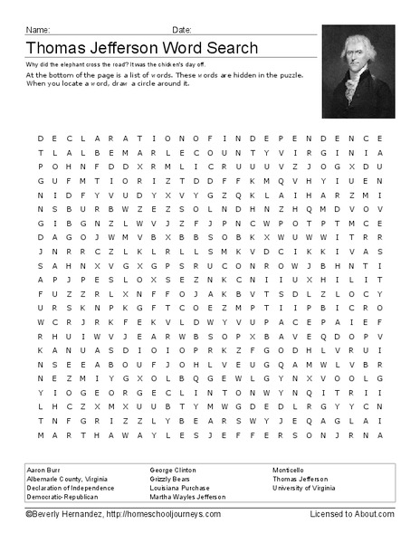 Thomas Jefferson Word Search Worksheet