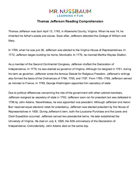 Thomas Jefferson Reading Comprehension Worksheet