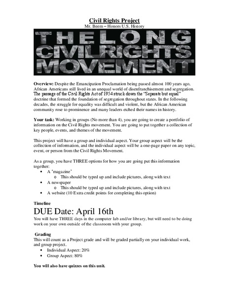 Civil Rights Project: The Long Civil Rights Movement Activity