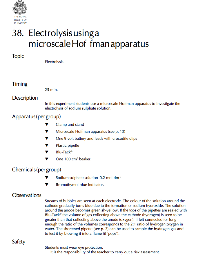 Electrolysis Using a Microscale Hoffman Apparatus—Microscale Chemistry Lab Resource