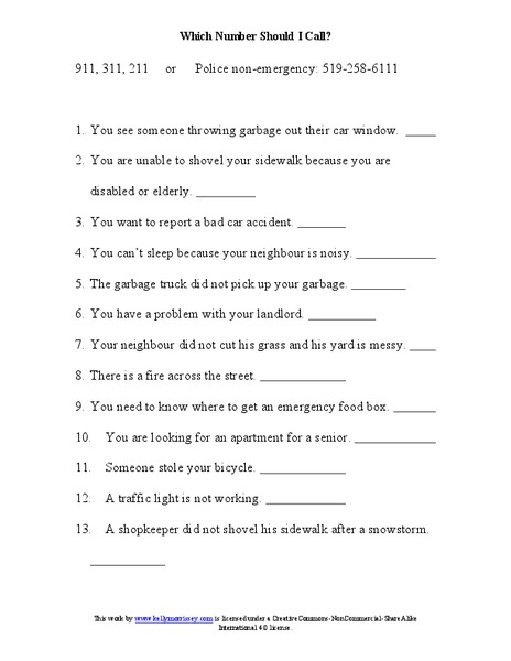 Which Number Should I Call? Worksheet