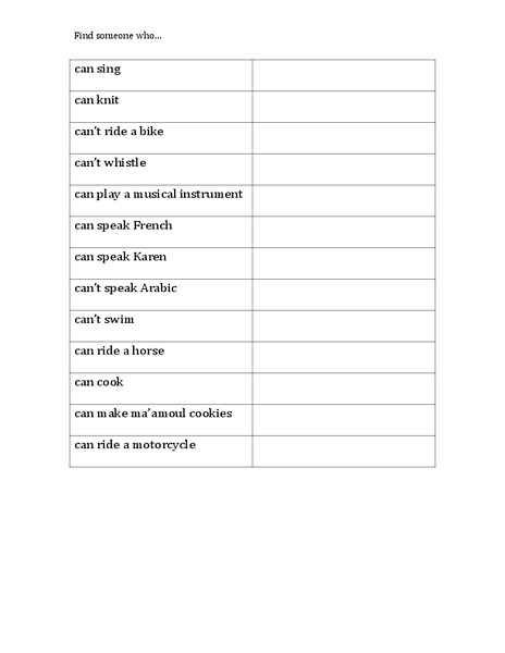 Find Someone Who Worksheet