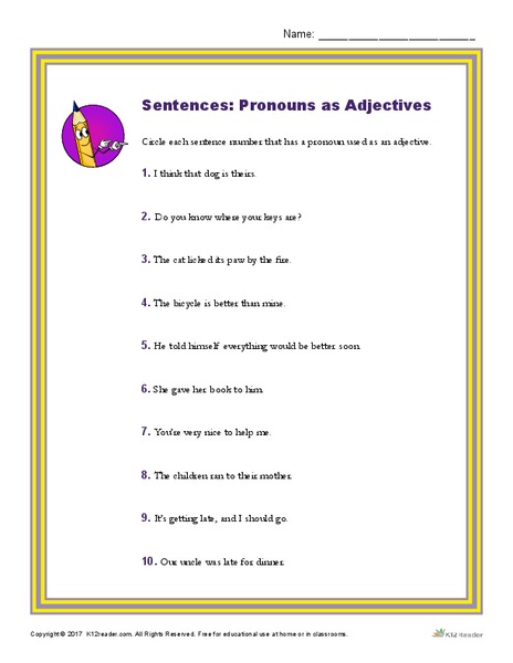 Pronouns as Adjectives Worksheet
