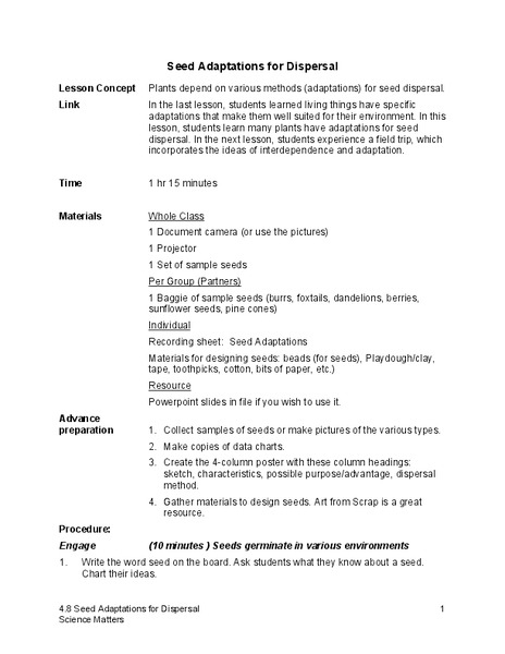 Seed Adaptations for Dispersal Lesson Plan