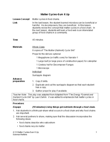 Matter Cycles — Sum It Up Lesson Plan