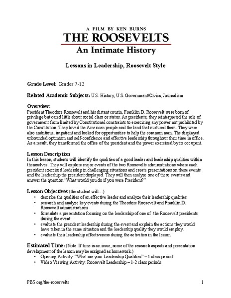 Lessons in Leadership, Roosevelt Style Lesson Plan
