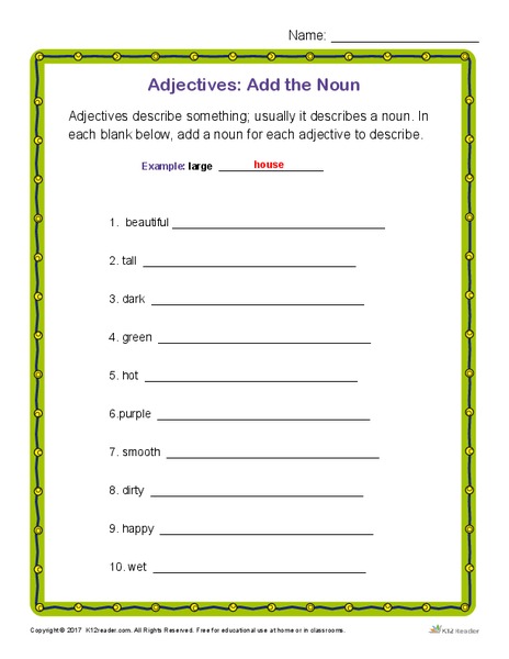 Adjectives: Add the Noun Worksheet