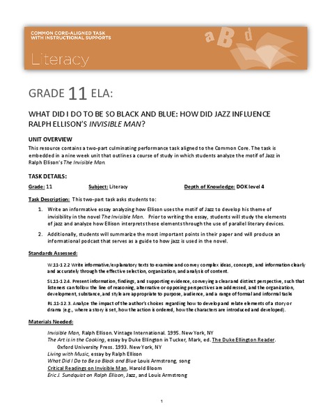 What Did I Do to Be so Black and Blue: How Did Jazz Influence Ralph Ellison's Invisible Man Unit Plan