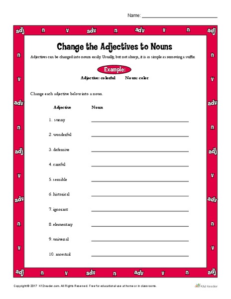 Change the Adjectives to Nouns Worksheet