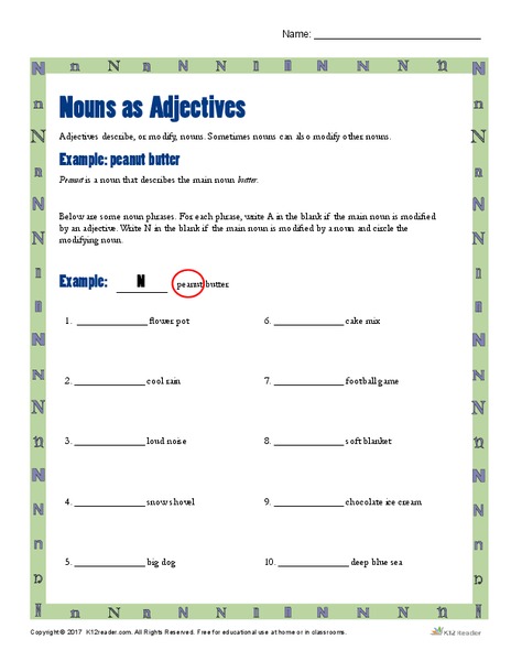 Nouns as Adjectives Worksheet