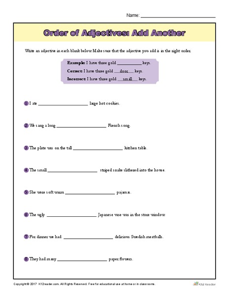 Order of Adjectives: Add Another Worksheet