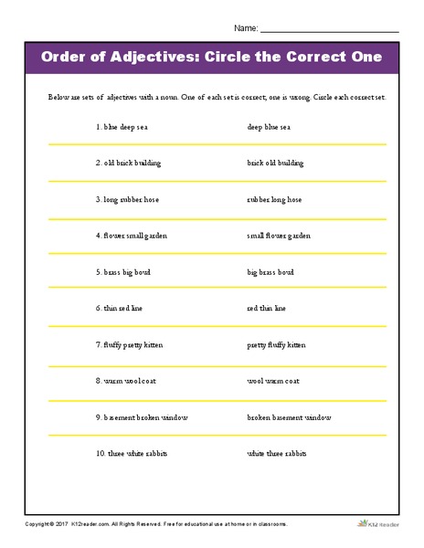 Order of Adjectives: Circle the Correct One Worksheet