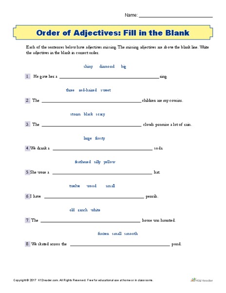 Order of Adjectives: Fill in the Blank Worksheet