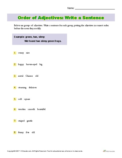 Order of Adjectives: Write a Sentence Worksheet