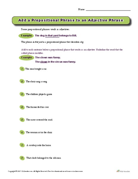 Add a Prepositional Phrase to an Adjective Phrase Worksheet