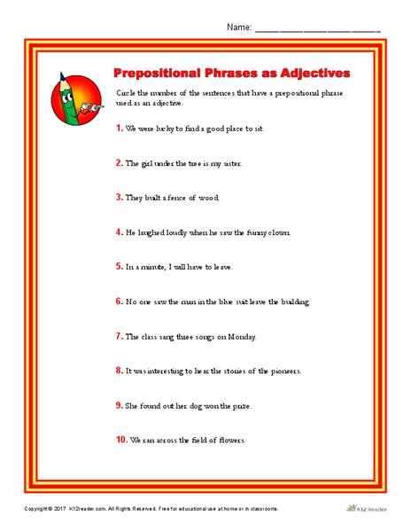 Prepositional Phrases as Adjectives Worksheet