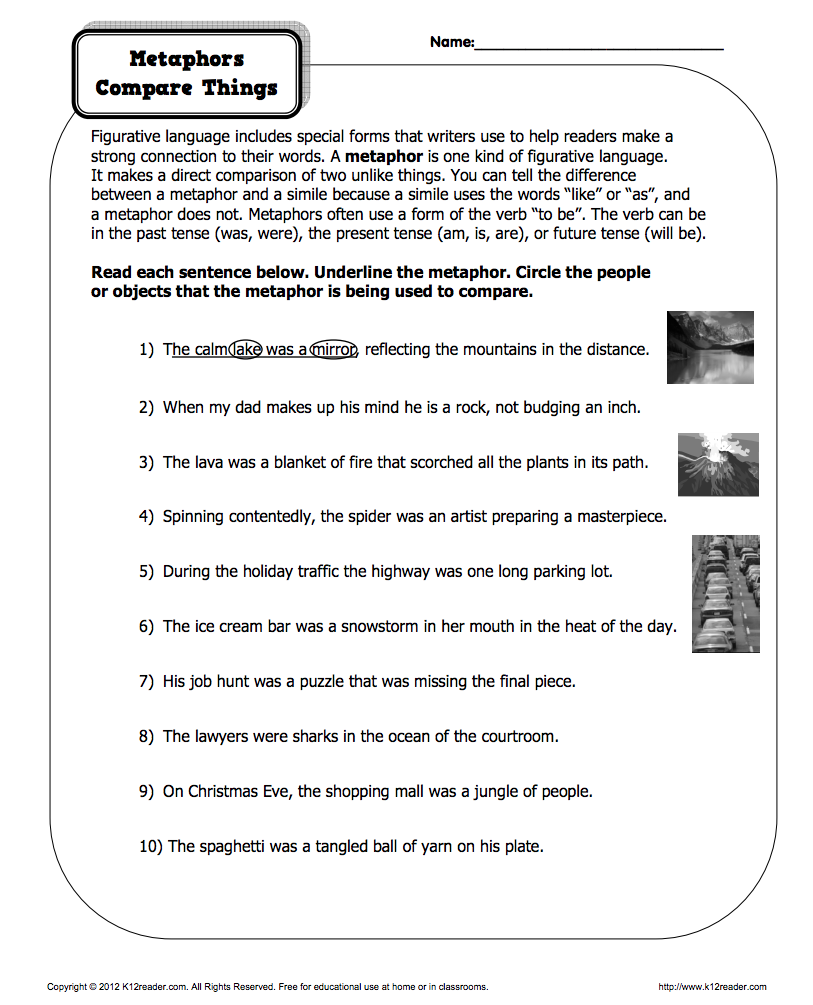 Metaphors Compare Things Worksheet