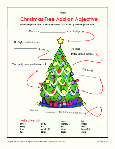 Christmas Tree Add an Adjective Worksheet