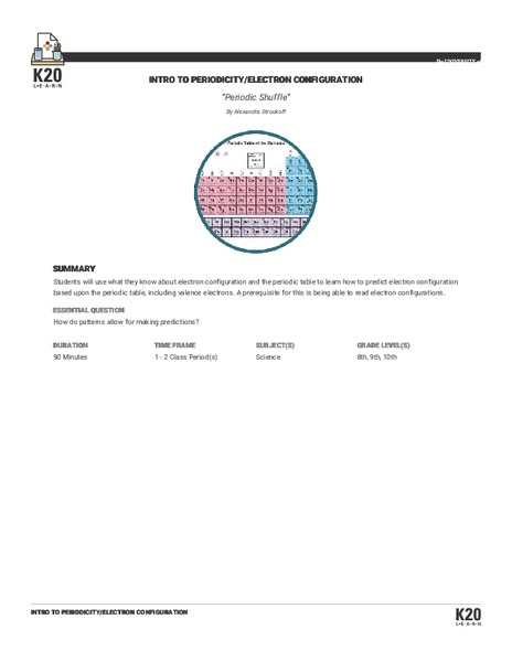 Periodic Shuffle: Introduction to Periodicity and Electron Configuration Lesson Plan