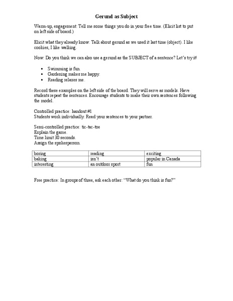 Gerund as Subject Worksheet