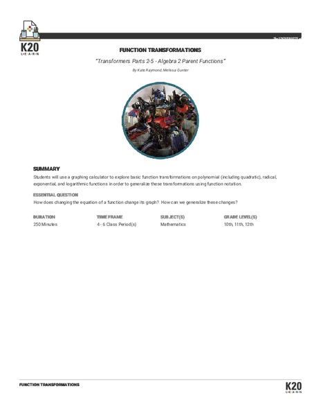 Transformers Parts 2-5 - Algebra 2 Parent Functions: Function Transformations Lesson Plan