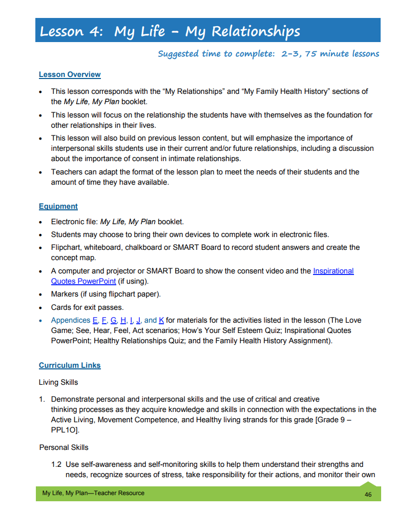 My Life—My Relationships Lesson Plan