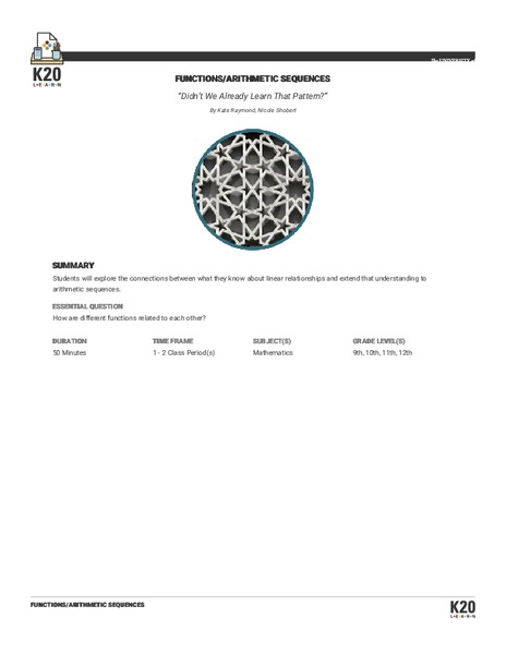 Didn’t We Already Learn That Pattern? Functions/Arithmetic Sequences Lesson Plan