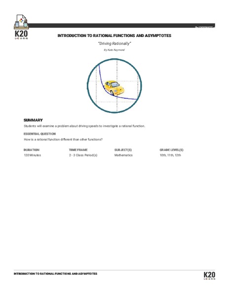 Driving Rationally: Introduction To Rational Functions And Asymptotes Lesson Plan